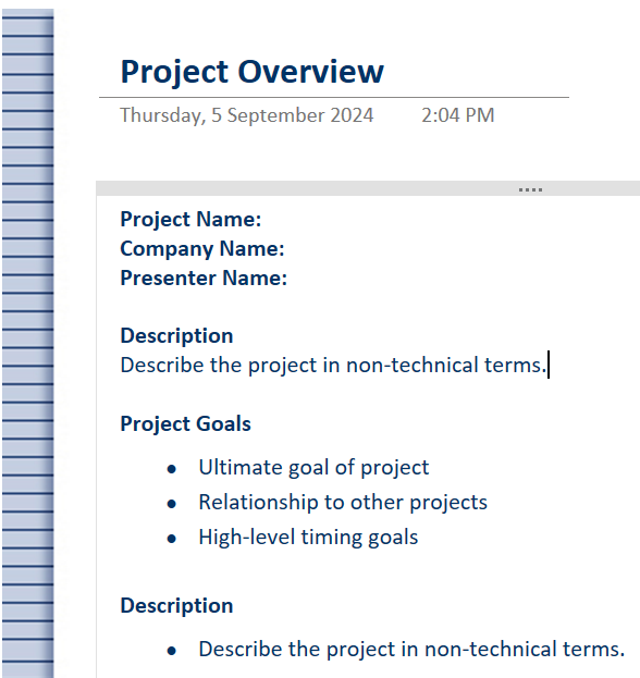 OneNote project overview template. Microsoft office training courses available. www.azsolutions.com.au